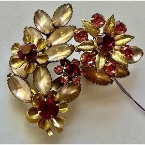 VTG Pink Rhinestone Gold-Tone Flower Brooch Pin Judy Lee Signed 1950s Retro MCM